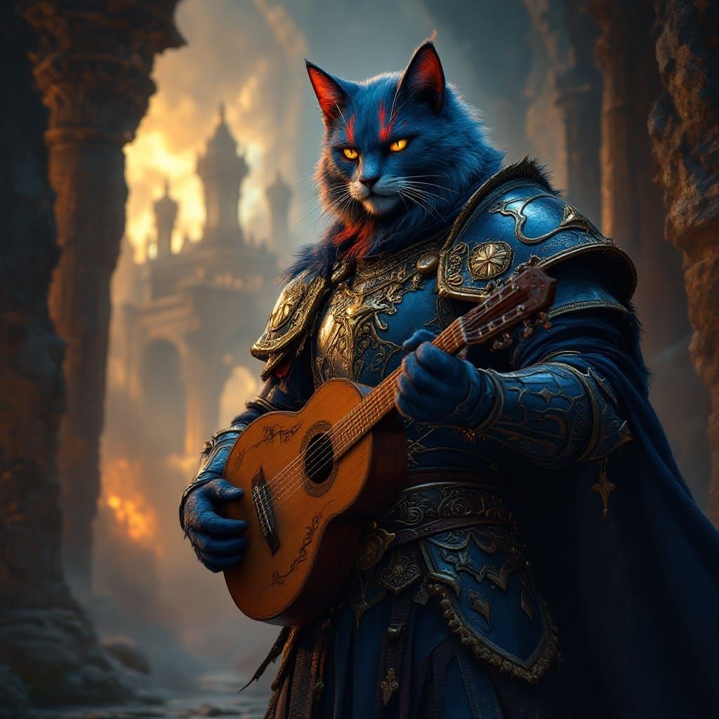 Majestic Blue Catfolk Warrior in Rococo Armor
