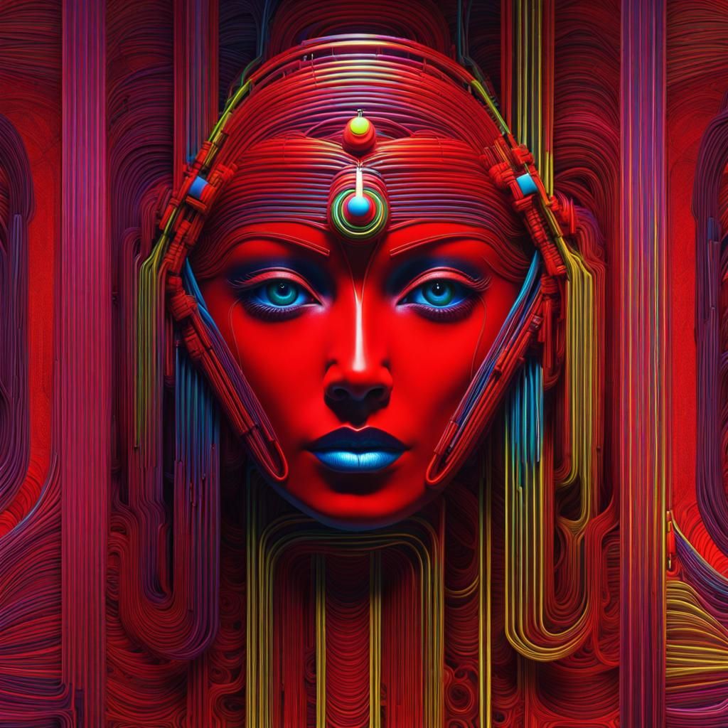 Lady in Red with Fractal Wiring and Neon Colors