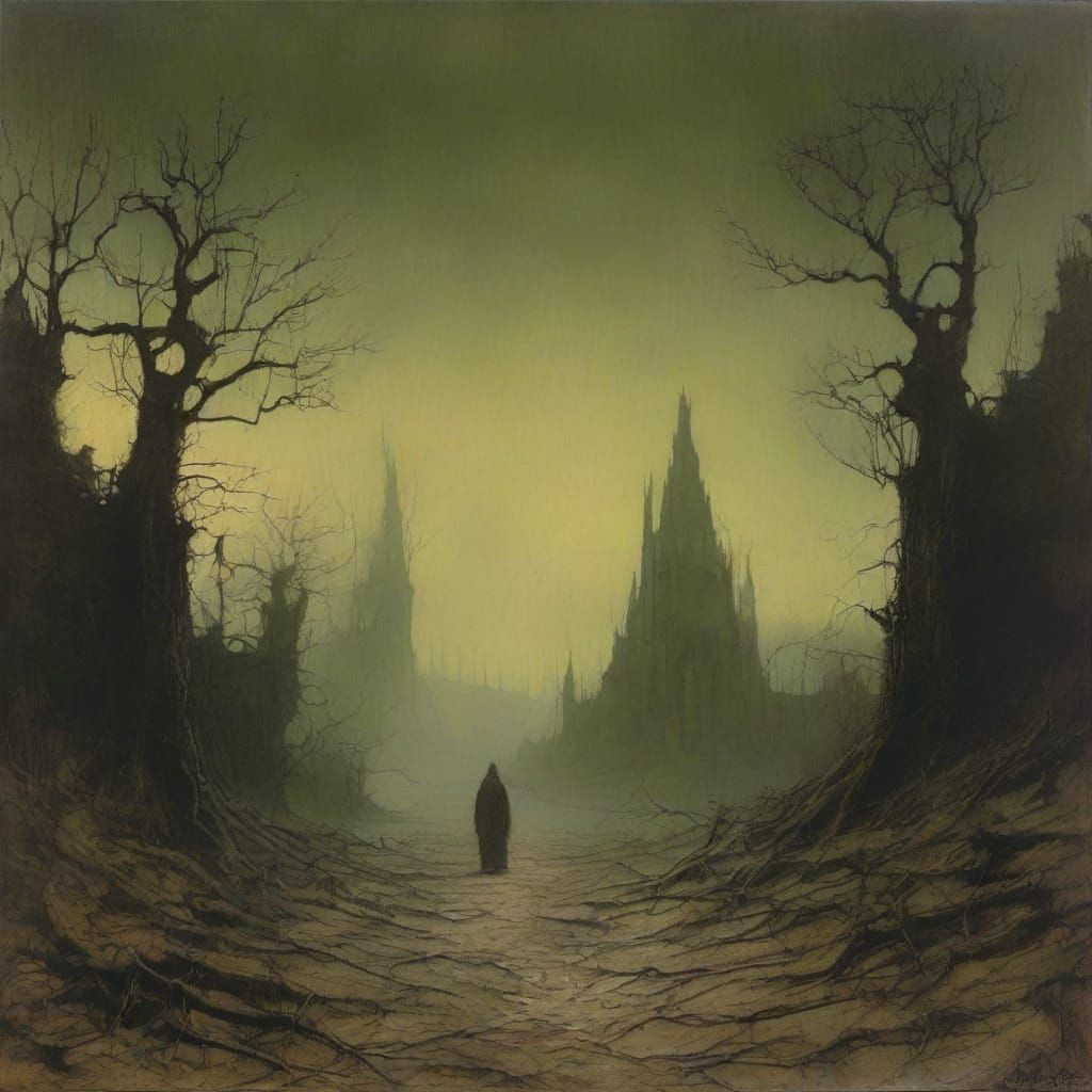 Surreal Post-Apocalyptic Landscape in Dark Fantasy Style