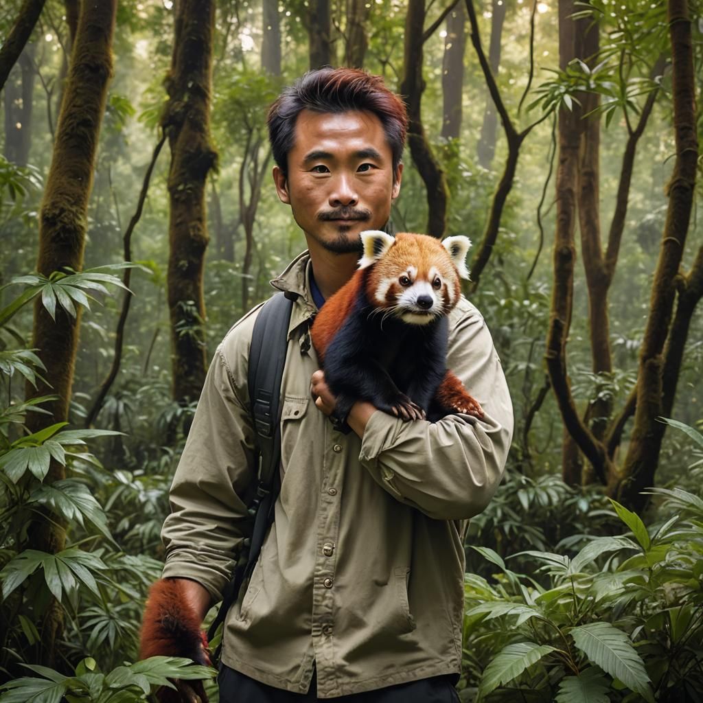 Man and Red Panda in Forest Photograph