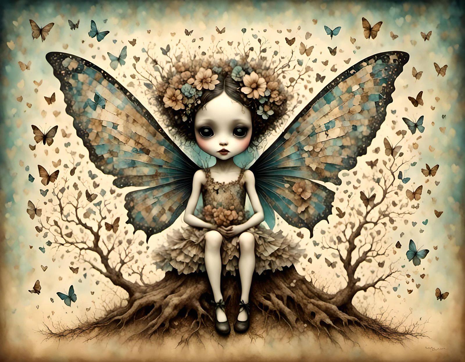 Patchwork Fairy in Flowering Tree Sketch