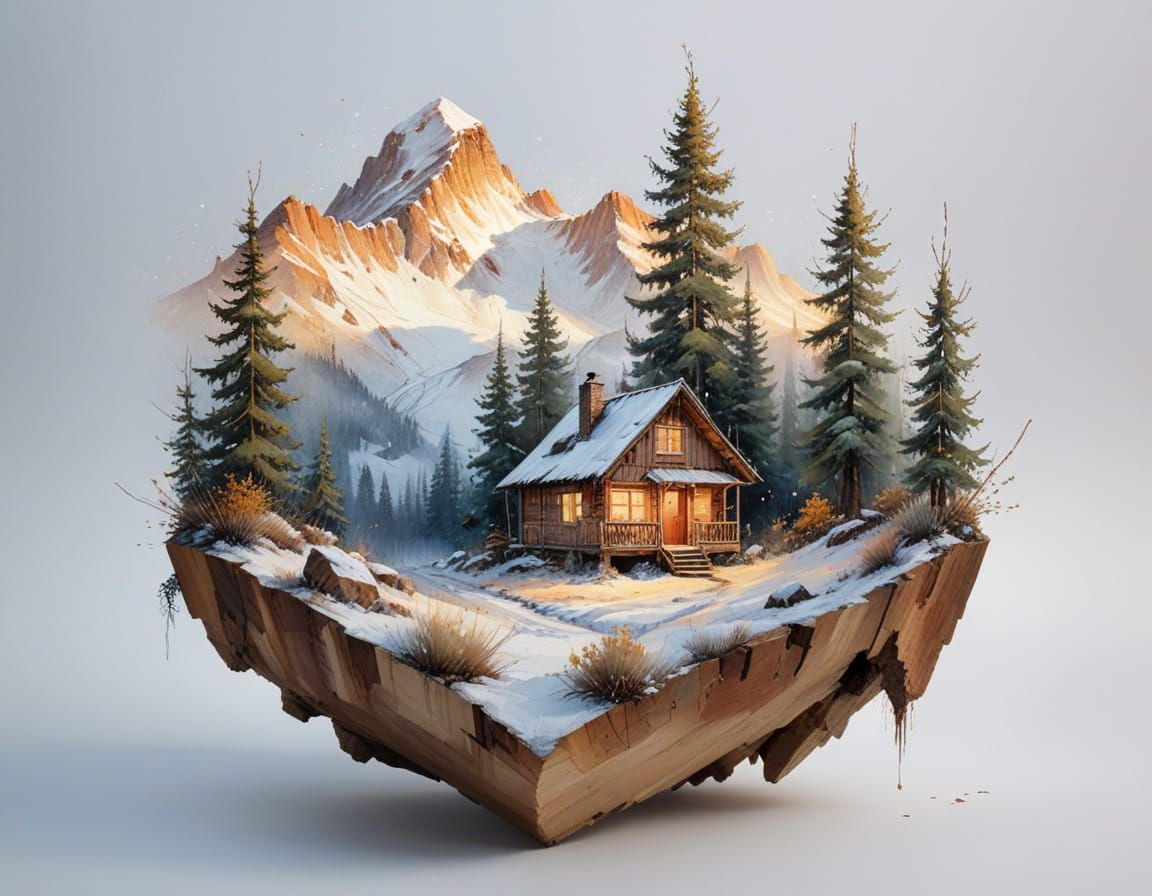 Winter Mountain Retreat at Golden Sunset with Cozy Cabins