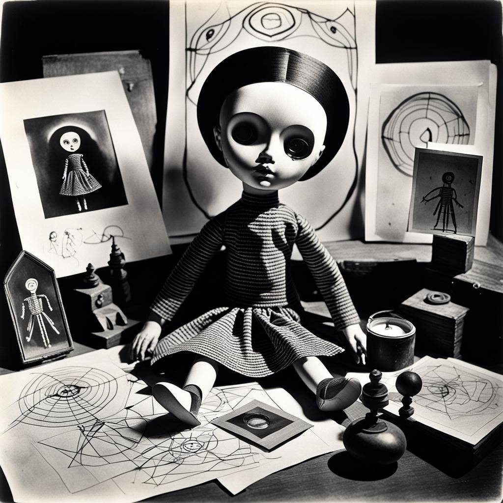 Gothic Doll Ritual: Rayograph Black and White Objects