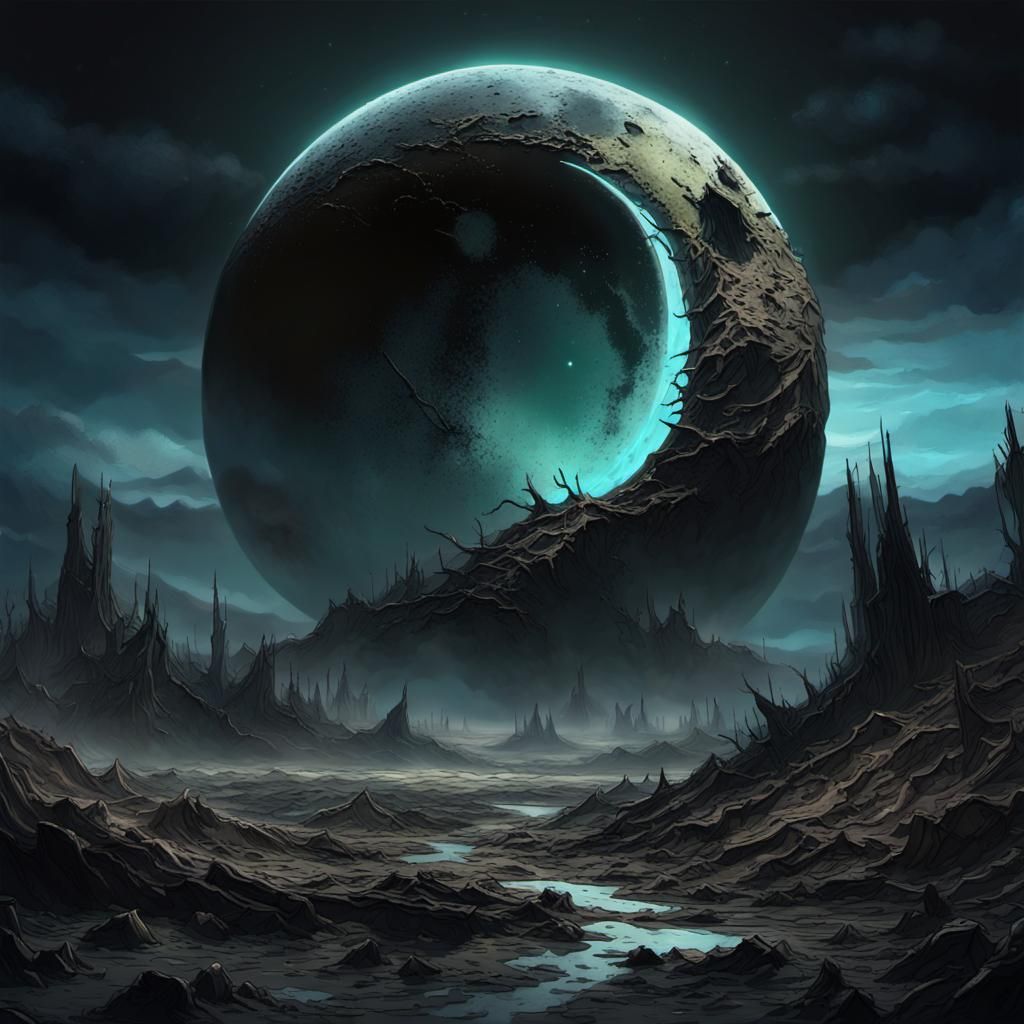 Ominous Black Moon over Earthquake Ravaged Landscape