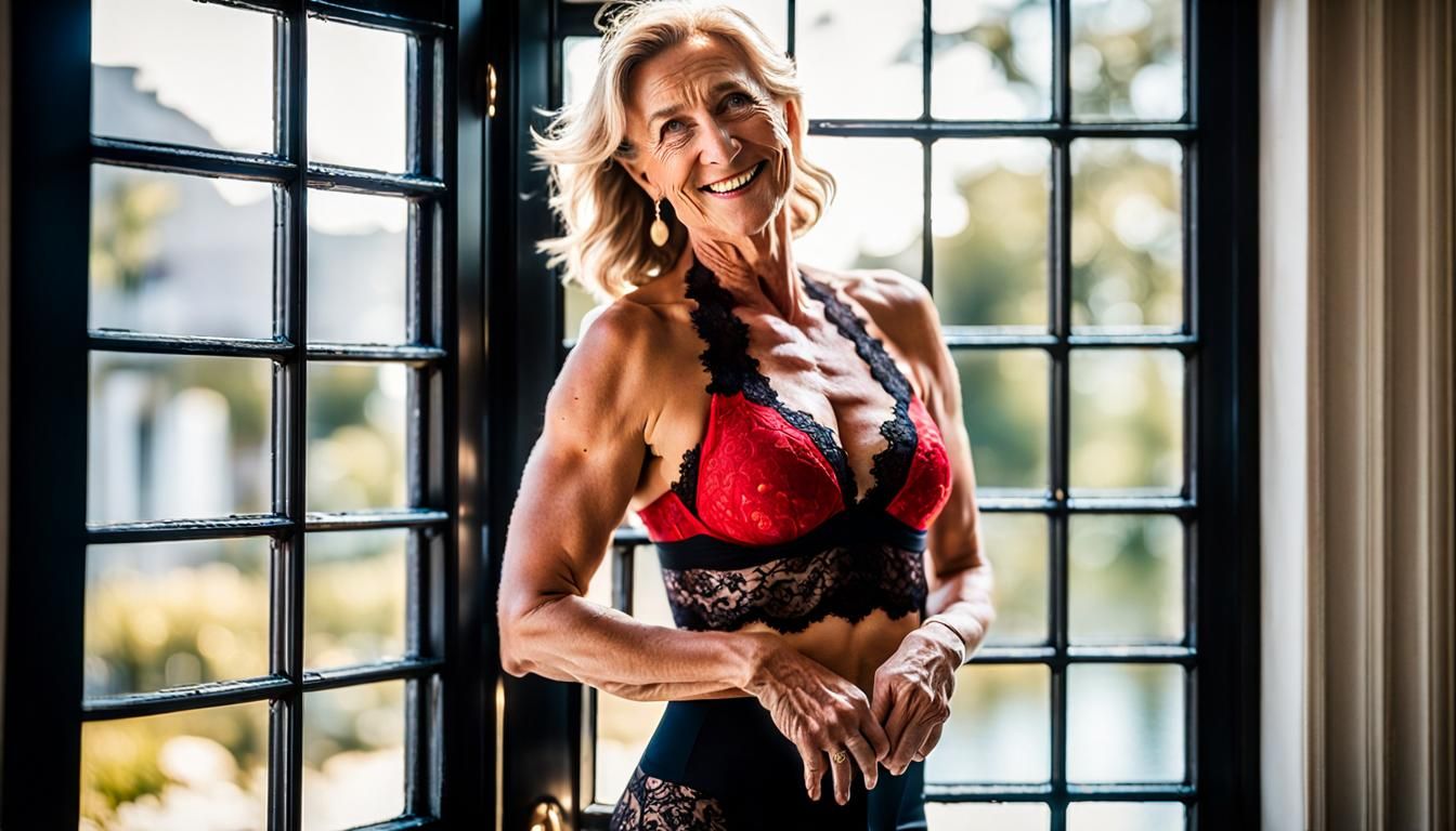 A older woman with freckles and blonde hair