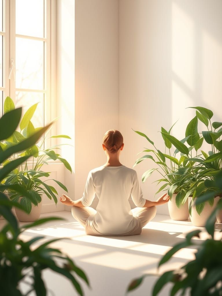 Meditating Figure in Sunlit Minimalist Room