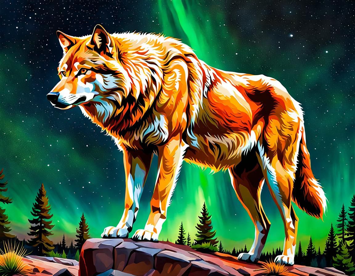 Giant Prehistoric Wolf in Watercolor Under Starry Sky