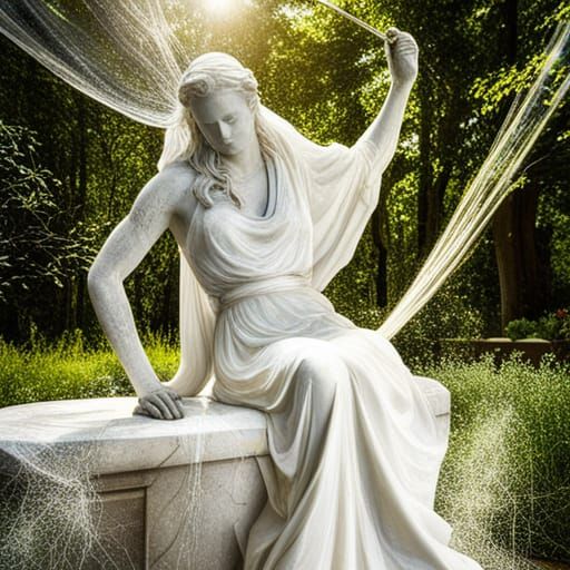 Raindrops on Cobweb in Sunlit Marble Garden