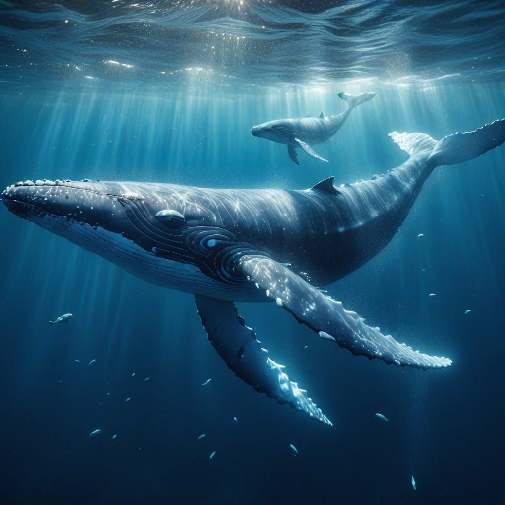 8K Ultra-Realistic Humpback Whales in Deep Blue Ocean