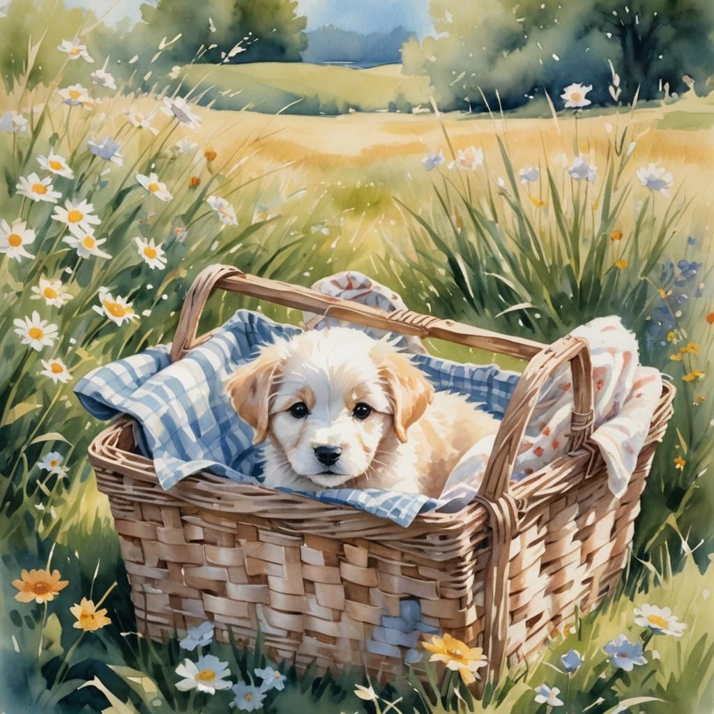 Puppy in Picnic Basket Watercolor Illustration
