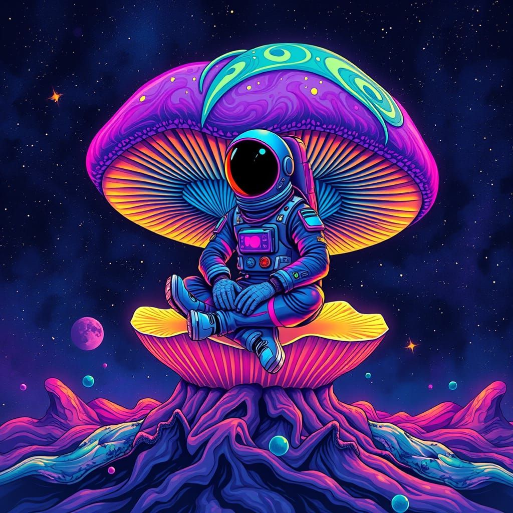 Cosmic Mushroom Odyssey in Vibrant Psychedelic Style