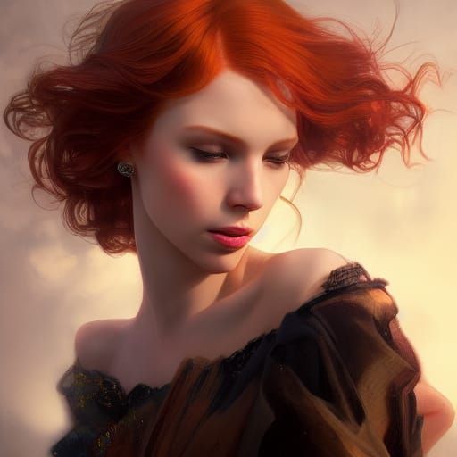Redhead with Tiara: Hyperdetailed Art Nouveau Portrait
