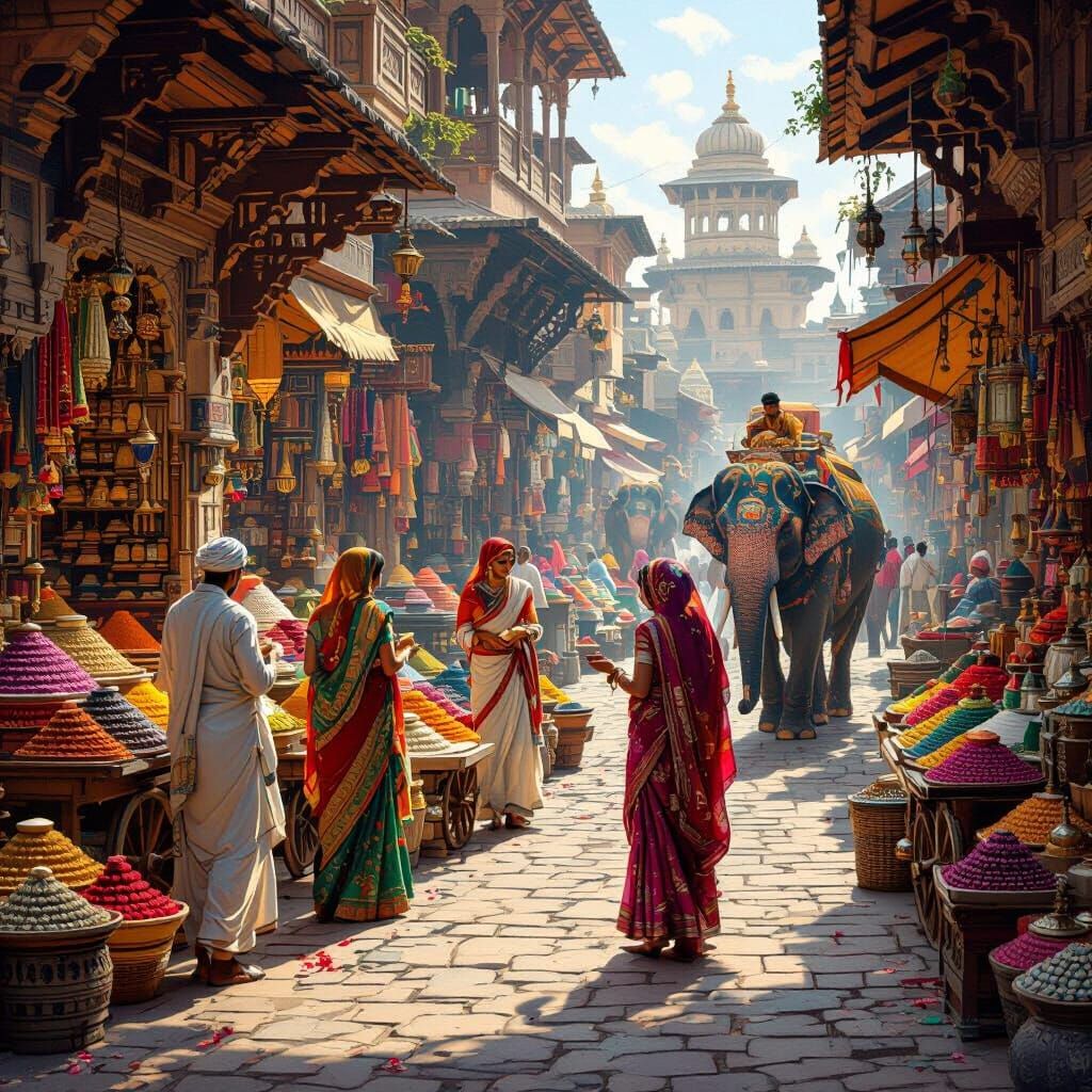 Vibrant Ancient Indian Marketplace with Spices and Jewels