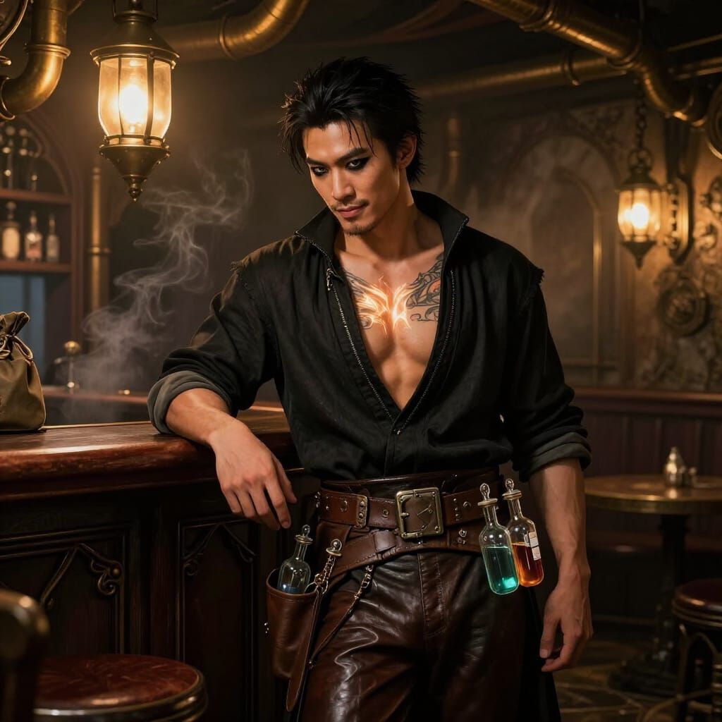 Asian Mage Artificer in Gothic Steampunk Tavern