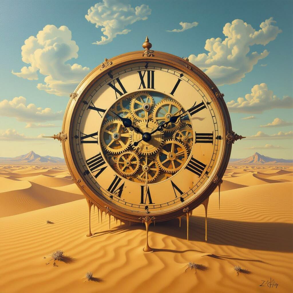 Surreal Melting Clock in Desert Landscape