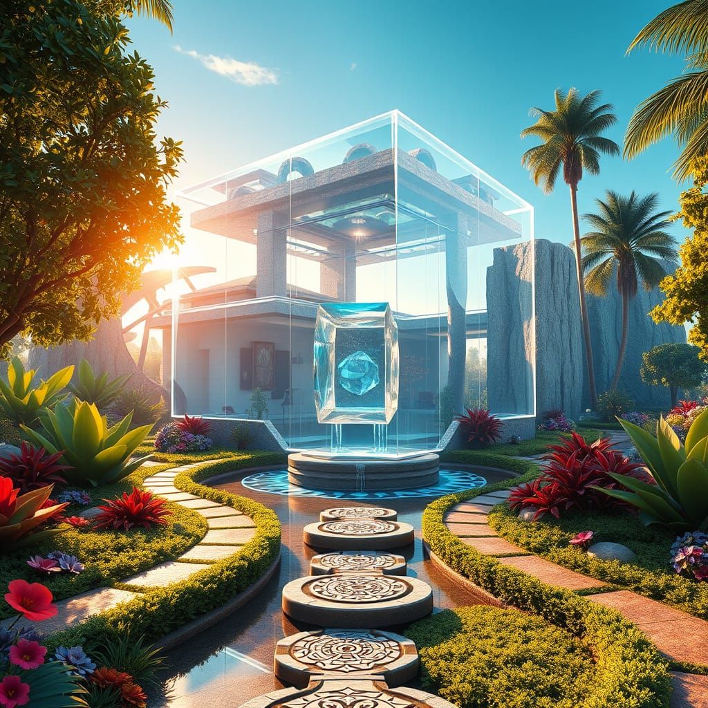 Crystal Cube House in Vibrant Garden Paradise