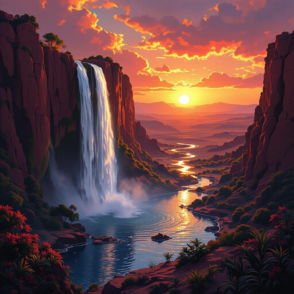 Desert Oasis Waterfall in Dramatic Lighting