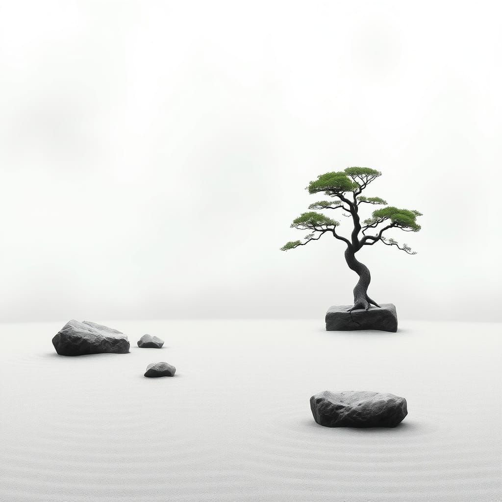 Serene Japanese Zen Garden in Ink Wash Style