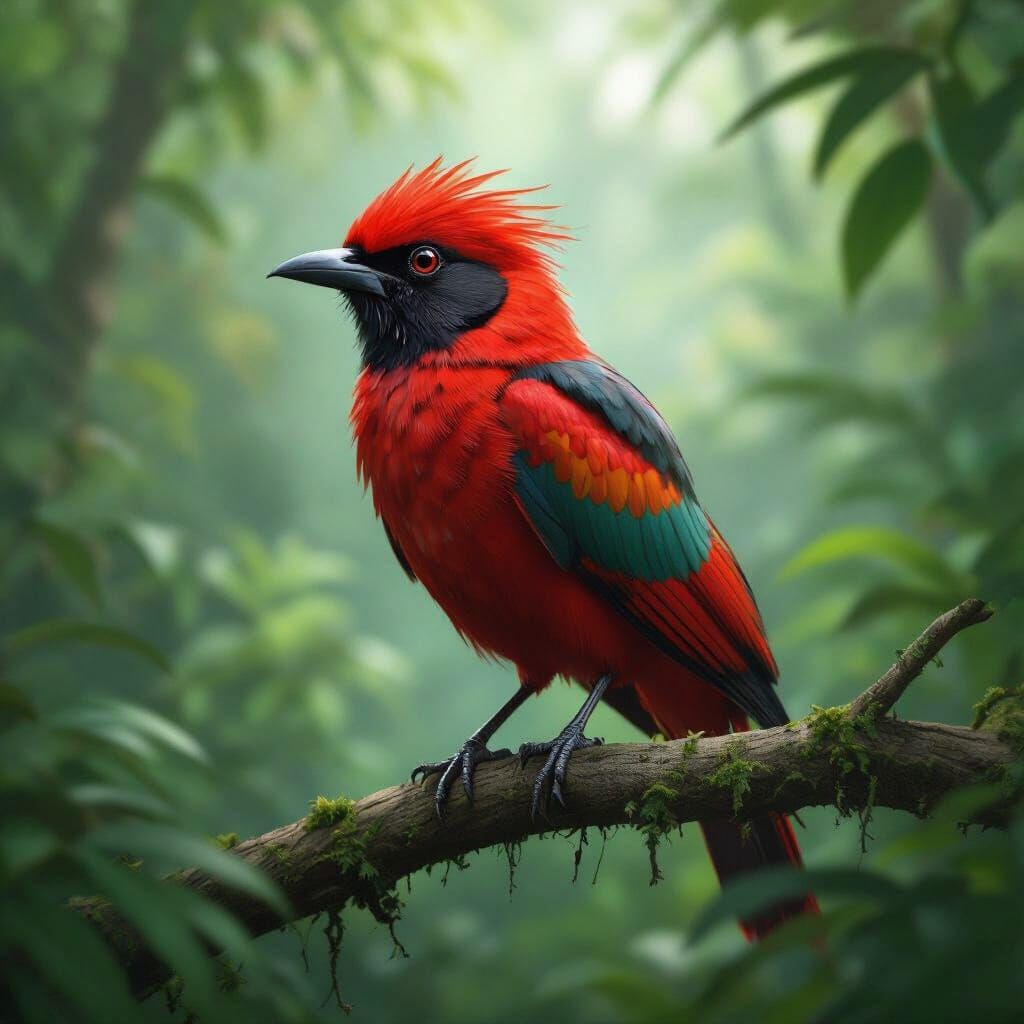 Vivid Red Bird of Prey in Jungle Setting
