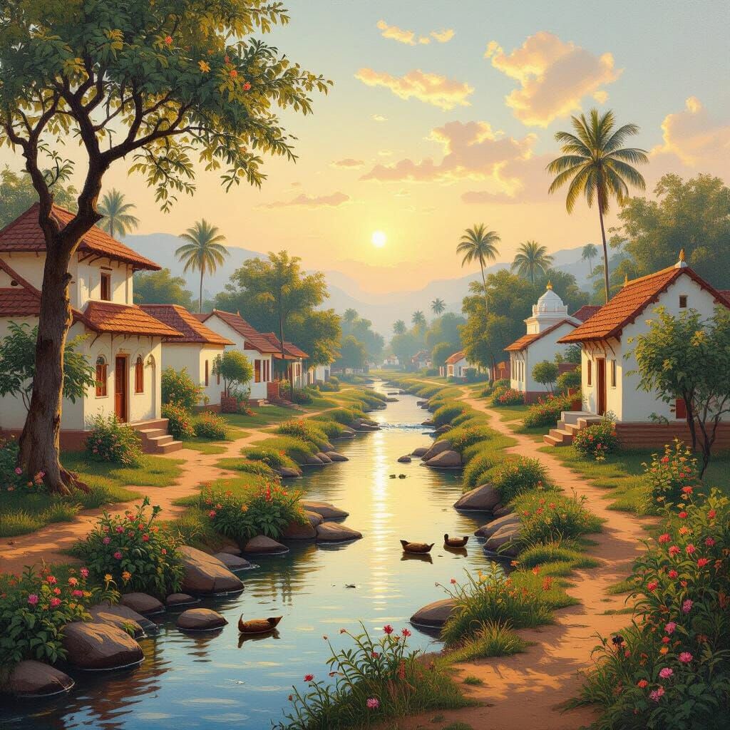 Serene Indian Village at Dawn in Oil Painting Style