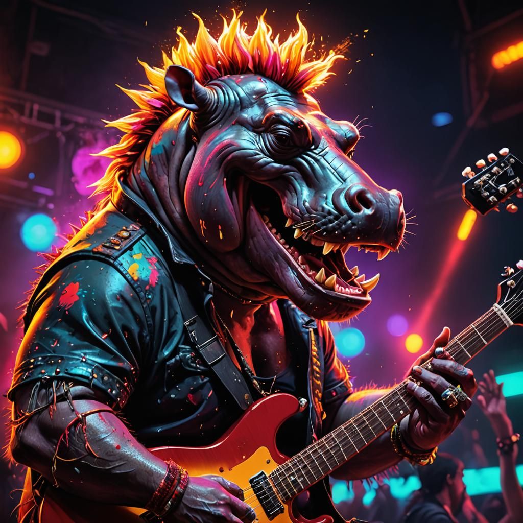 Hippo Headbanger with Electric Mohawk, Digital Art