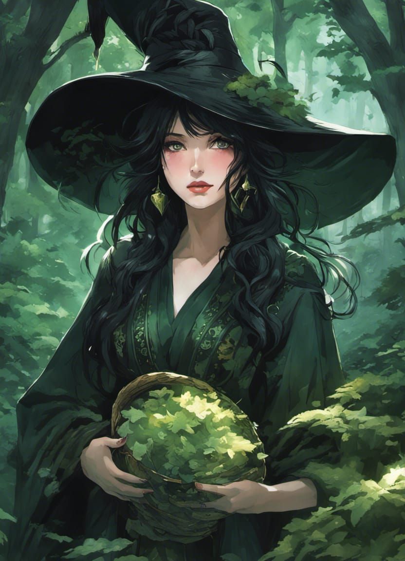 Cute Herbal Witch in Moonlit Forest, Digital Art