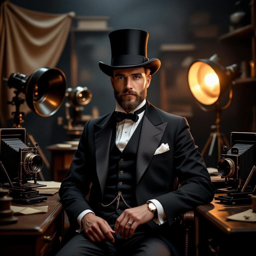 Victorian Photographer in Dimly Lit Studio, Vintage Style