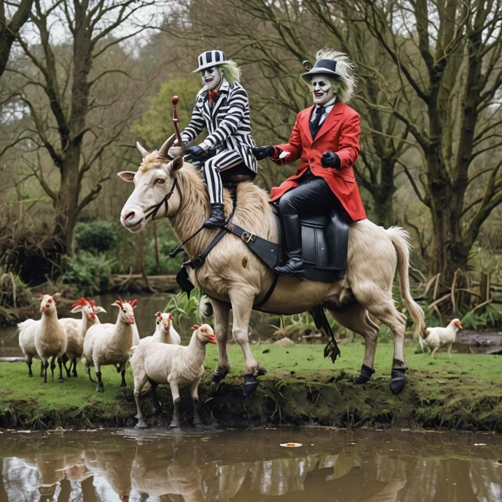 Beetlejuice Rides a Goat Among Floating Hens