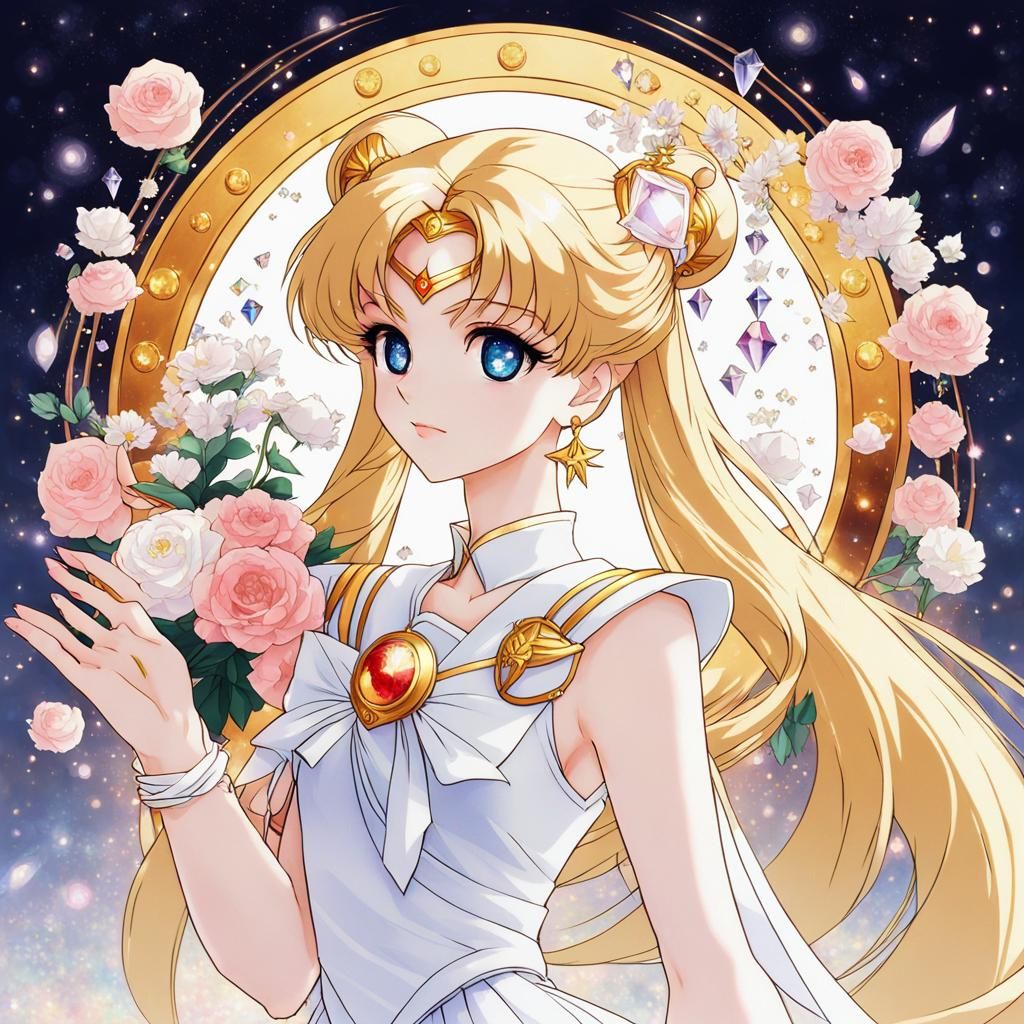 anime girl in white dress with flowers and crystals, sailor moon!!!!!!!!, the sailor moon. beautiful, anime princess, th...