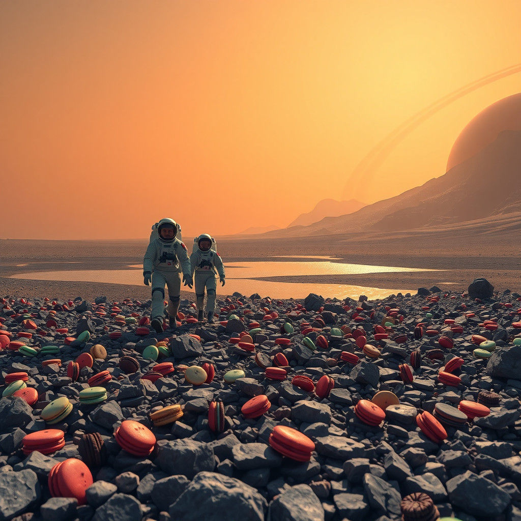 Astronauts Discover Macaron Planet in Sci-Fi Landscape