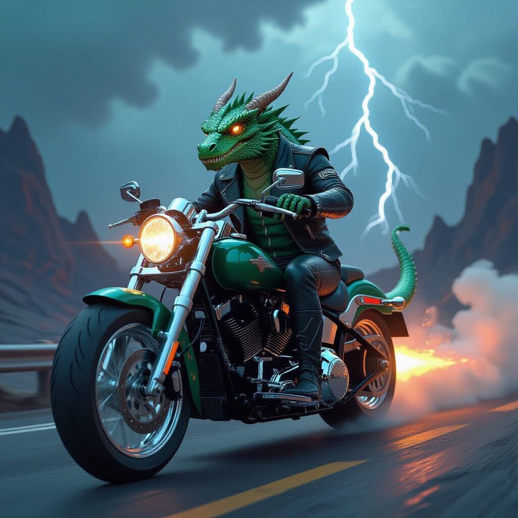Emerald Dragon Rides Chrome Motorcycle on Volcanic Highway