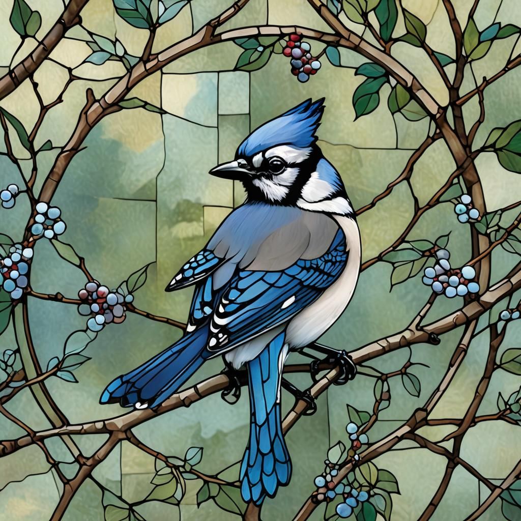 Blue Jay in Stained Glass Style on Berry Branch