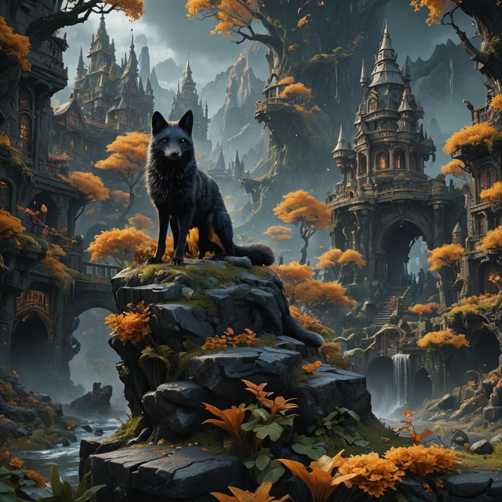 Fantastical Black Fox in Detailed Matte Painting