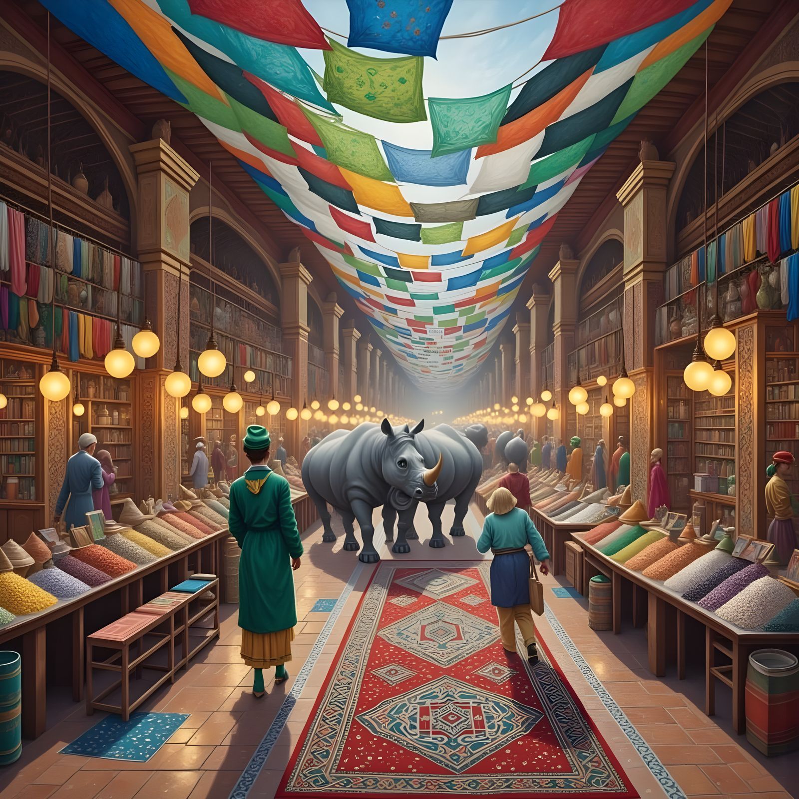 Vibrant Rhinos Storm a Whimsical Moroccan Market