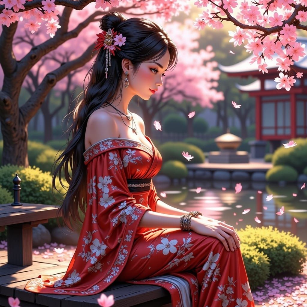 Serene Woman in Kimono Amidst Falling Sakura Petals