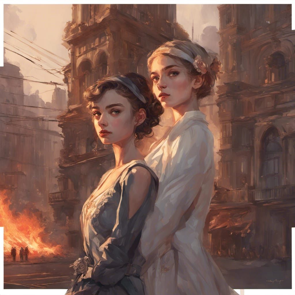 City Ablaze: Teenagers in Burning Metropolis, Detailed Art