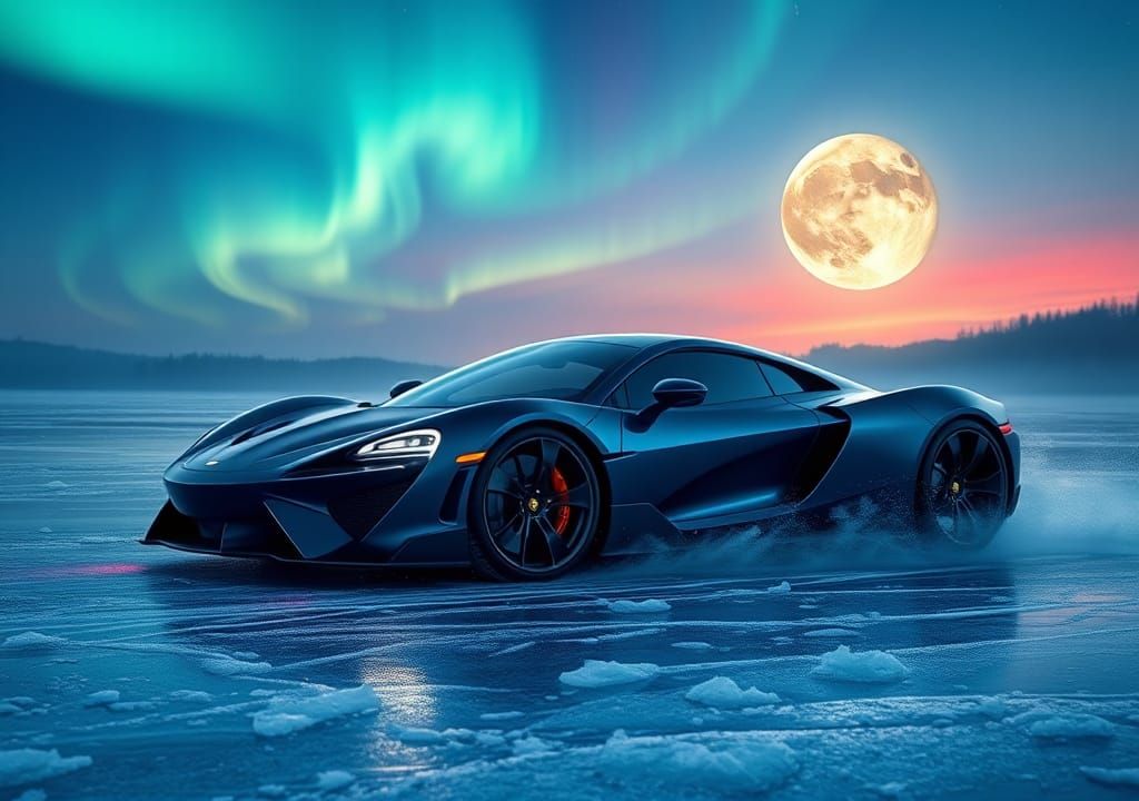 Midnight Blue Supercar Drifting Under Aurora Borealis