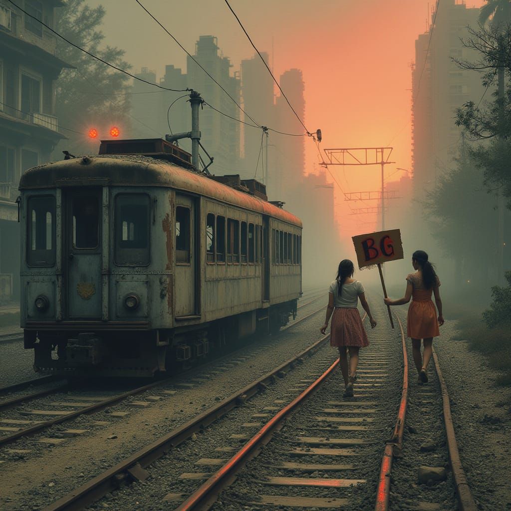 Um trem abandonado e enferrujado avança lentamente sobre trilhos quebrados em meio a um cenário pós-apocalíptico devasta...