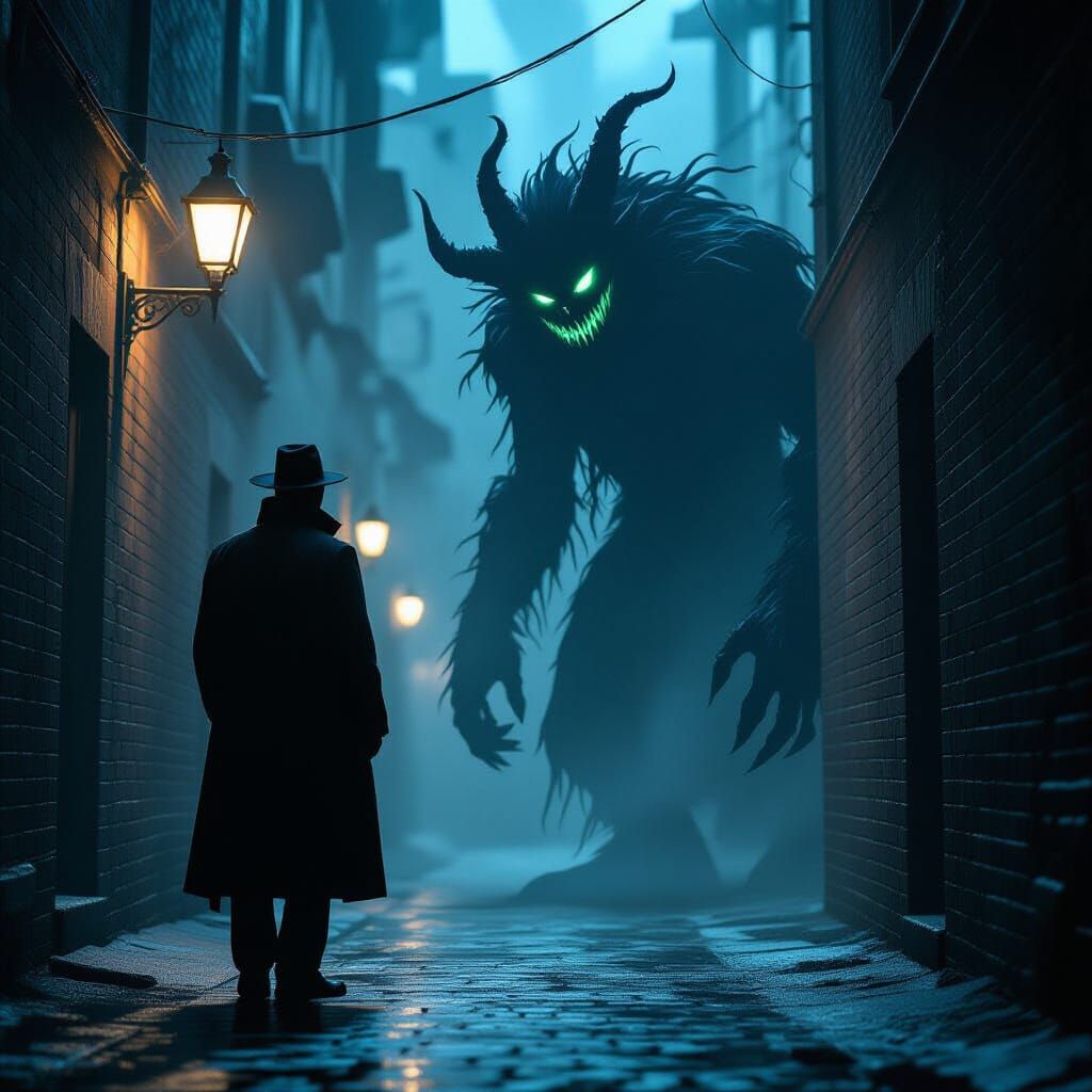 Terrifying Shadow Monster in Alleyway, Dark Fantasy Art