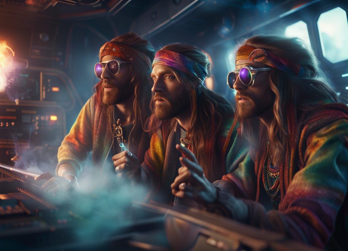 Hippies Smoking in Spaceship: Hyperrealistic Scene
