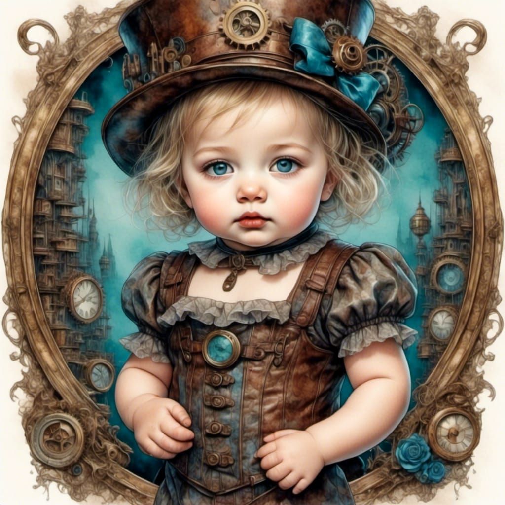 Steampunk Babies in Watercolor Style
