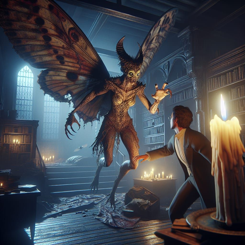 Moth Woman Sneaks Up on Unaware Man in Dimly Lit Room