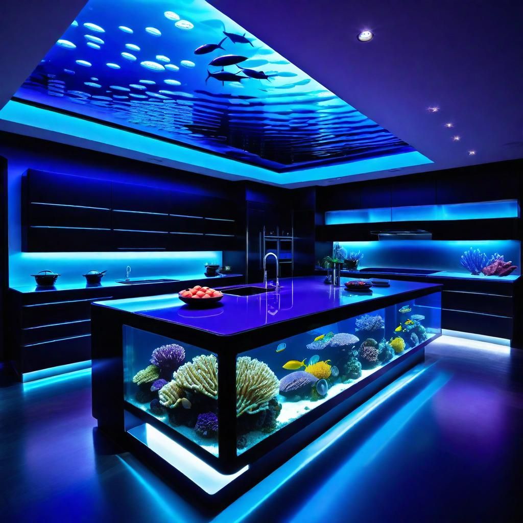 A detailed kitchen submerged in an aquarium with glass walls