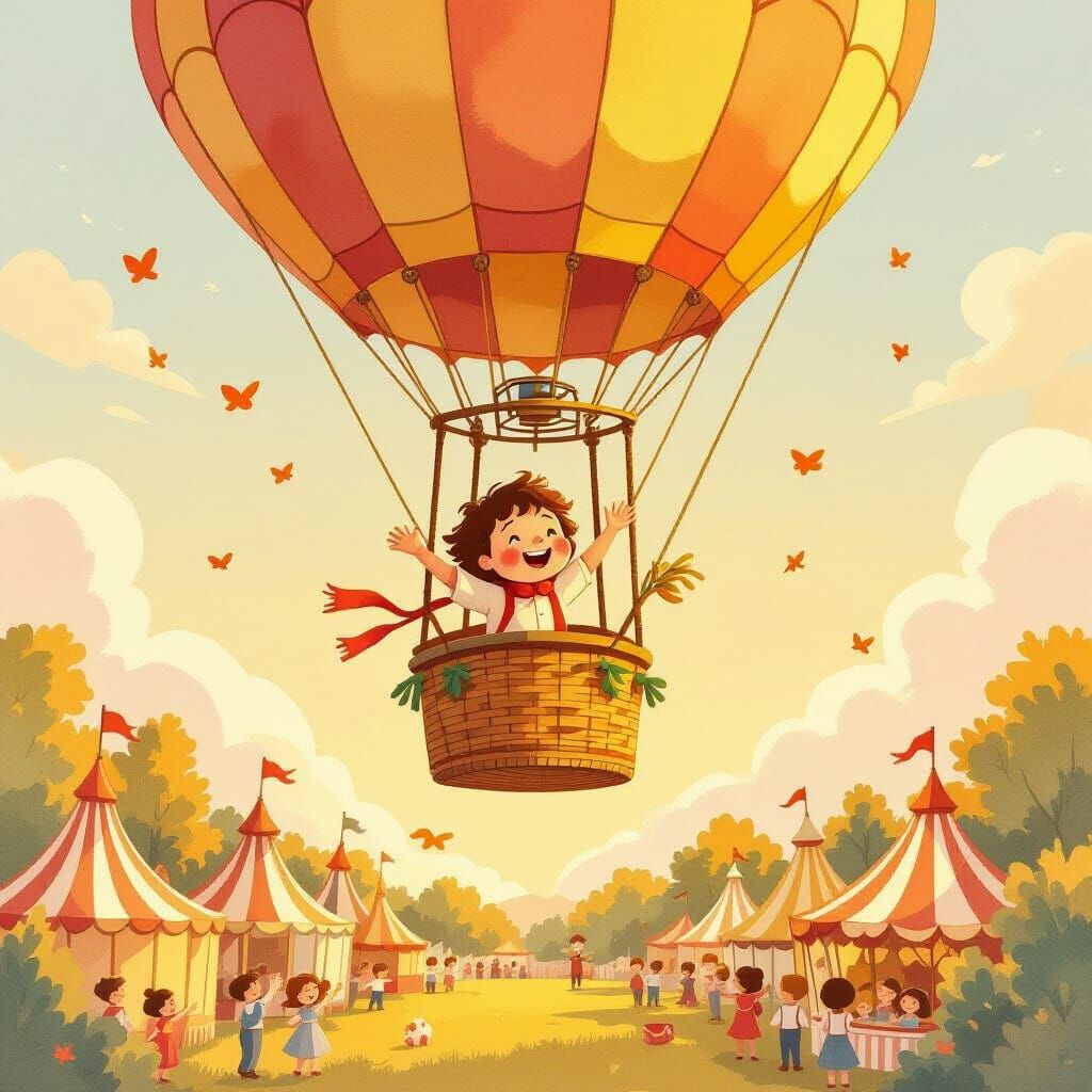 Joyful Character Ascends in Hot Air Balloon Over Carnival