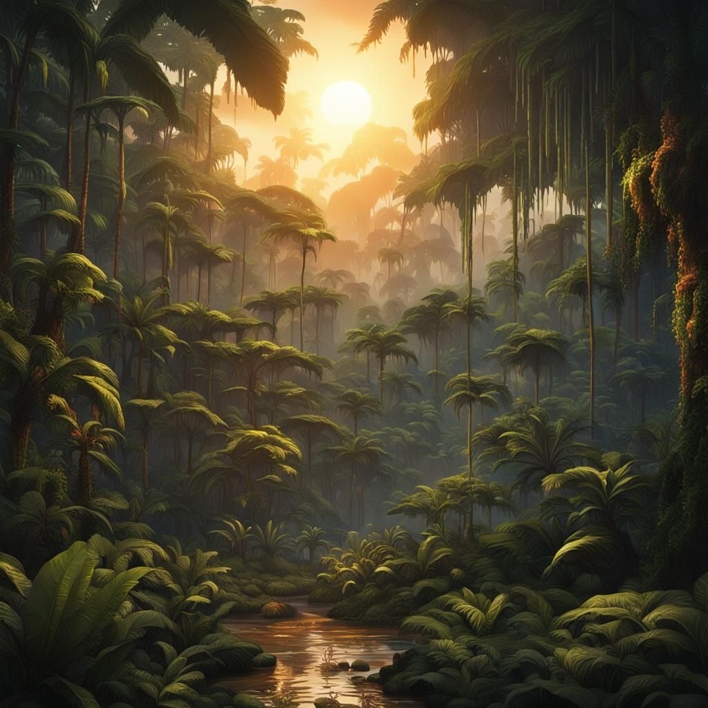Sunlit Rainforest at Sunset: Detailed Matte Painting