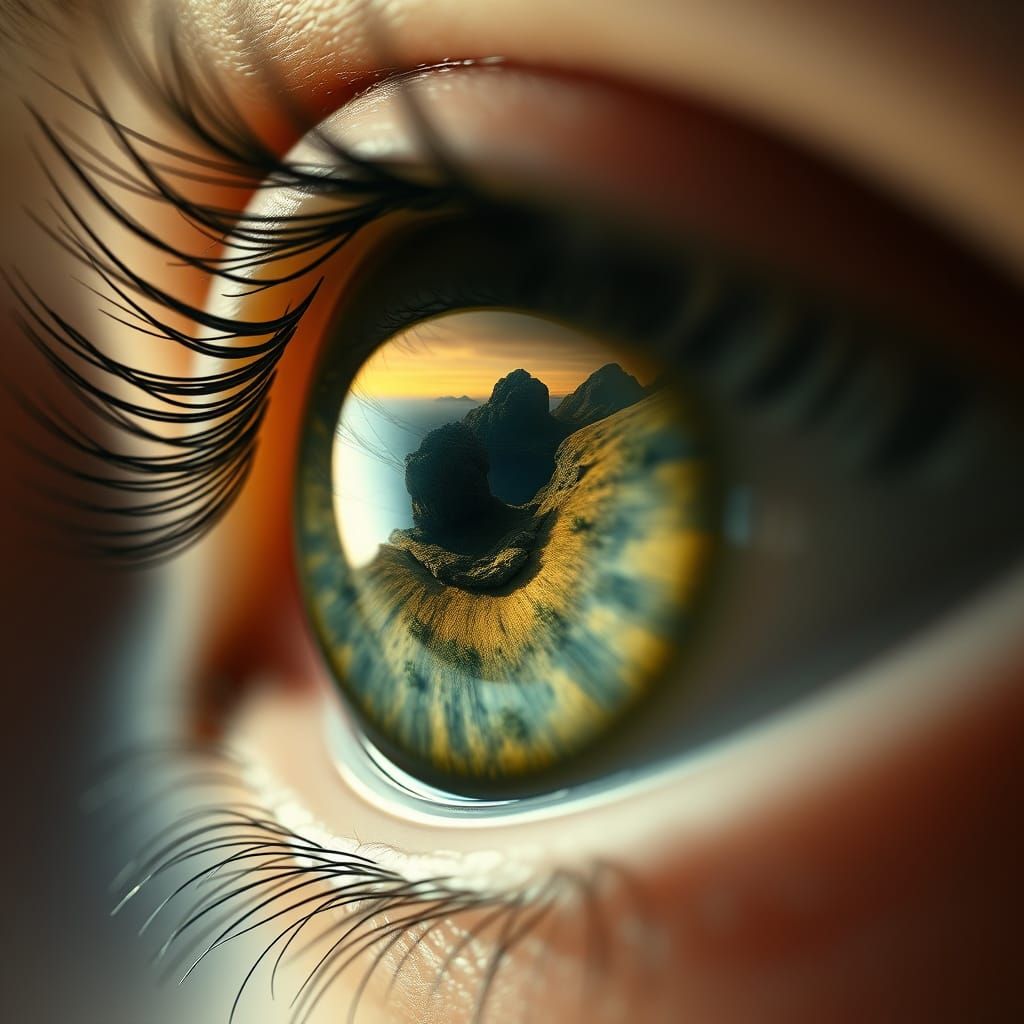 Eye Reflecting Miniature Landscape in Science Fiction Style