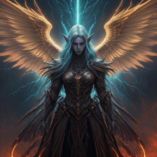 Fiery Veined Elven Angel Hybrid in Murraypunk Style