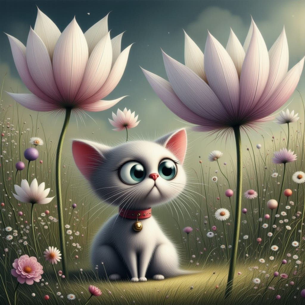 Fluffy Kitten Among Giant Glowing Flowers in Ethereal Meadow