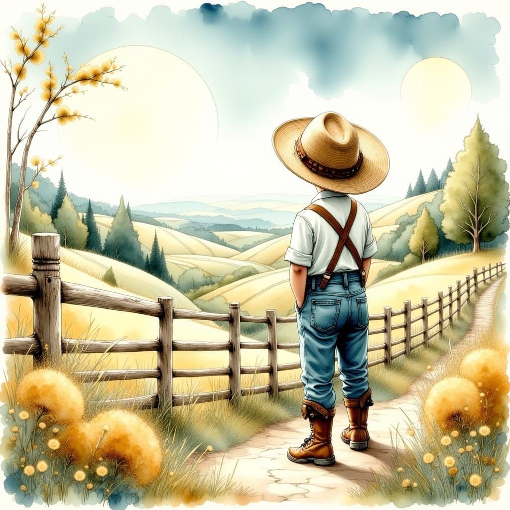 Boy Gazing at Vintage Landscape in Nostalgic Style