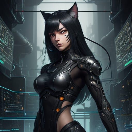 Catgirl, agile, agile, athletic, muscular, Mature body, everywhere cables, pipes, mechanical parts, electronic circuits,...